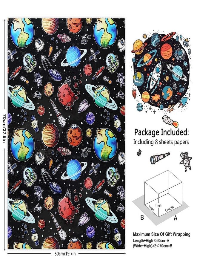 Geluode Outer Space Wrapping Paper for Boy Girl Kids, Astronauts Rockets Satellites Probes Planets Pattern Space Galaxy Wrapping Paper, 8 Sheets Folded Flat 20x28 Inches for Space Sky Fanatics Birthday Party - Image 2
